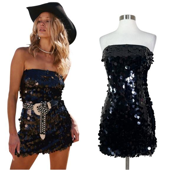NEW 12th Tribe | Sequin Disc Strapless Sparkle Party Black Cocktail Mini Dress - Picture 1 of 12
